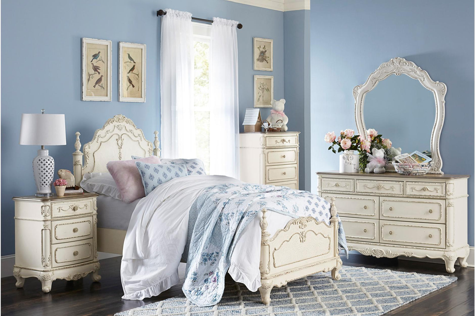 Cinderella Antique White Modern Traditional Solid Wood Youth Panel Bedroom Set