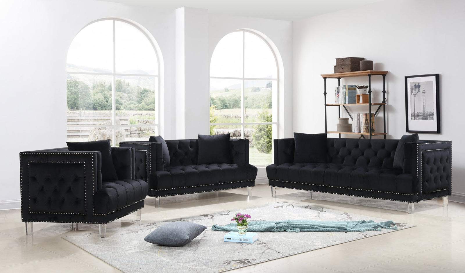 Lucas Black Modern Contemporary Velvet Upholstered Tufted 2Pc Or 3Pc Sofa, Loveseat & Chair
