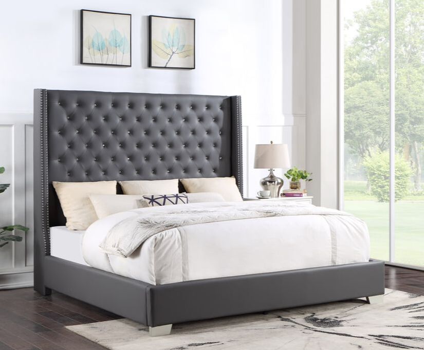 Gray Modern Traditional Solid Wood Faux Leather Upholstered Tufted King Bed