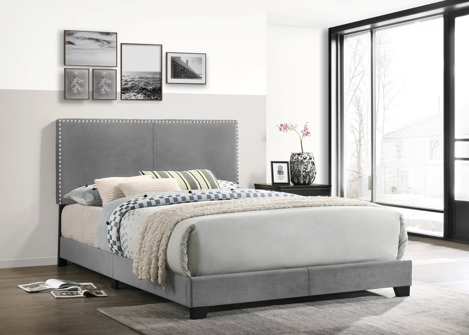 Gray Velvet Modern Traditional Solid Wood Upholstered Platform Full Bed